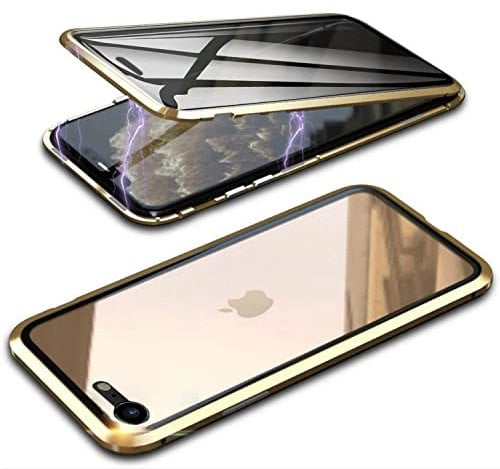 Privacy Case for iPhone SE 2020/2022 & iPhone 8/7 Magnetic Phone Case,Front and Back Tempered Glass 360° Full Body Case,Metal Bumper with Anti Peep Screen and Crystal Clear Back Cover,Gold