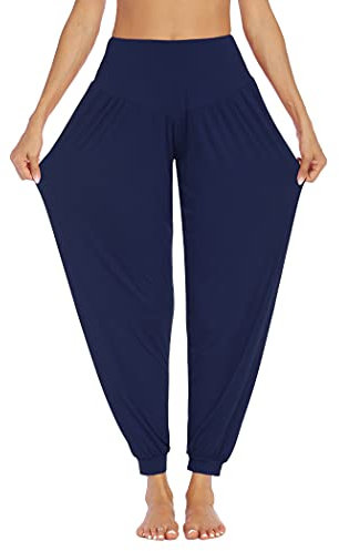 PINSPARK Freizeithose Damen Lang Haremshose Hippie Yogahose Große Größen Jogginghose Bequem Yoga Hose Locker Pluderhose Sporthose Frauen Blau XL