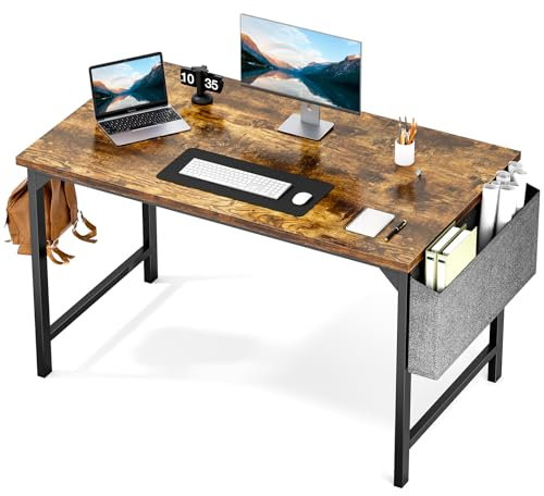 Sweetcrispy 122 cm Computertisch für Kinder, Studenten, Schreibarbeit, Computertisch mit Aufbewahrungstasche und Kopfhörerhaken, Modern und Einfach, für Zuhause, Schlafzimmer,