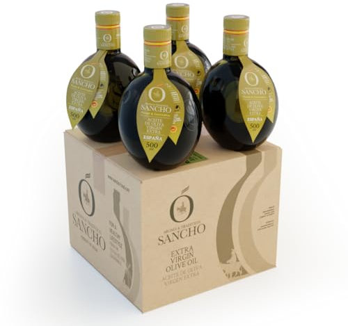 Aceite de Oliva Virgen Extra Picual con Cornicabra Pack Premium 4x 500ml Botella Vidrio AOVE SANCHO Gourmet Intenso Aromatico Cosecha Temprana Primera Extracción en Frío Origen España DOP La Mancha