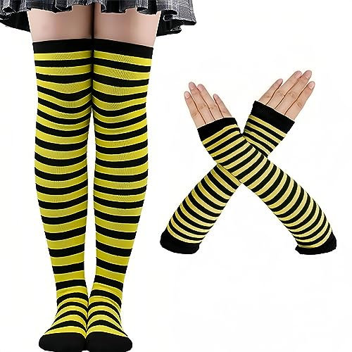SamHeng Frauen gestreiftes Knie -Oberschenkel hohe Socken Armwärmer Fingerlose Handschuhe für Mädchen über Kniesocken für Halloween Weihnachts Cosplay Kostüm (Schwarz+Gelb)