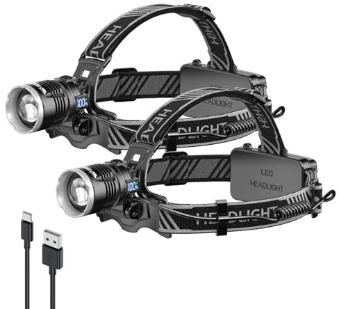 Smiling Shark Headlamp, 2 Pack Stirnlampe LED USB Wiederaufladbar 4400 mAh Superhelles Weißes Licht Zoombar Wasserdicht mit LED-Batterieanzeige & Bewegungsmelder Perfekt für Wandern Camping Joggen
