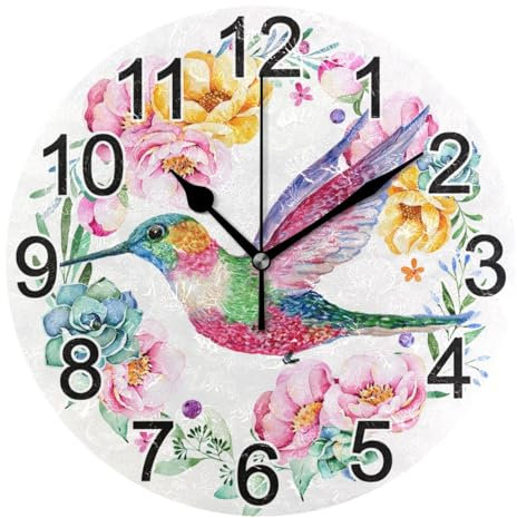 Mnsruu Hummingbird Spring Flower Wall Clock Non Ticking Silent Kitchen Clock Battery Operated Clocks Round Decorative for Living Room Bedroom Bathroom Home Office