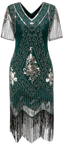 Gionforsy Damen 1920s Kleid mit Pailletten Kurzem Ärmel 20er Jahre Flapper Kostüm Kleid für Great Gatsby Motto Party Halloween Karneval Fasching (Dunkelgrün, M)