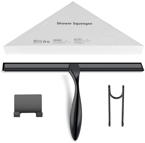 peafowl Shower Squeegee Stainless Steel Bath Squeegee for Shower Glass Doors Bathroom Windows Kitchen Mirror and Car Glass with Hooks Holder (12 inch, Black)