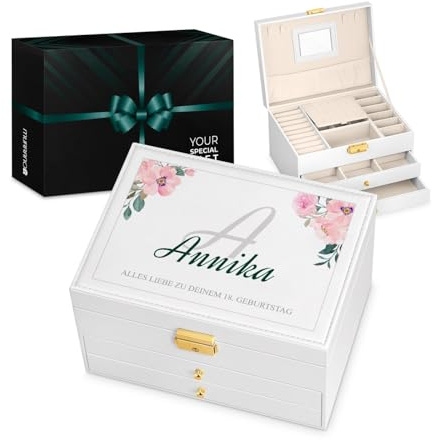 Maverton Schmuckkästchen mit Aufdruck - abschließbare Schmuck Aufbewahrungsbox mit Spiegel & 2 Schubladen - funktionale 3-stöckige Schmuckschatulle für Frauen zum Geburtstag - Weiß - Monogramm