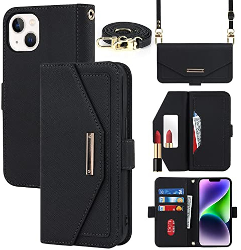 Cavor Coque Compatible avec iPhone 15 Plus Etui avec Cordon,Flip Portefeuille Étui Cuir,[5 Porte Cartes][Miroir][Magnétique][Réglable Collier] Housse - Noir