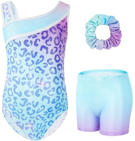Gogokids Mädchen Drei Teiliges Gymnastikset, Y-Hals Ärmelloser Leotard mit Shorts und Haarband, Ballett Tanzender Leotard Gymnastikoutfit mit Blauem & Purpurfarbenem Farbblockdesign, 3-12 Jahre
