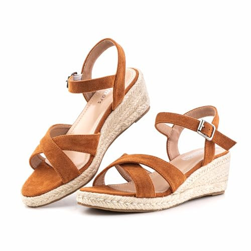 Hitmars Sandales Compensées Femme Été Espadrille Plateforme Talon Bout Confortable Chic Espadrilles Boucle de Cheville NN3 Marron 39 EU