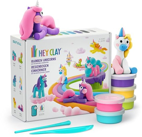 Hey Clay Regenbogen-Einhörner 15 Dosen Set - Buntes Modellier-Set für Kinder mit lufttrocknender Knete 15 Dosen mit Modellierwerkzeugen und lustigen interaktiven Anleitungen