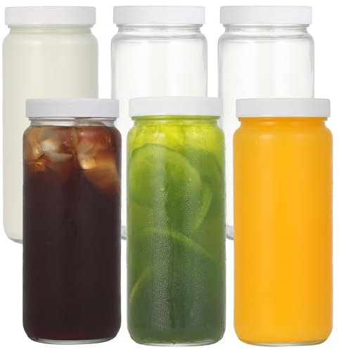 LIMILI Botellas de jugo de vidrio con tapas, 6 botellas de vidrio de 500 ml con tapas, botellas de agua de vidrio reutilizables de boca ancha, botellas de vidrio transparente para jugos, leche,