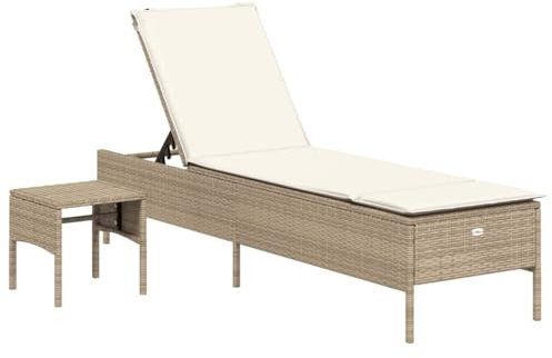 vidaXL Sonnenliege mit Tisch Auflage, Gartenliege mit Stahlrahmen, Relaxliege für Garten Terrasse, Sonnenbett Gartenmöbel, Beige Poly Rattan