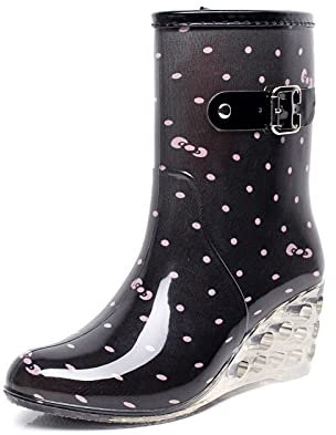 Stivali da donna con tacco alto impermeabili con cerniera | Stivali da pioggia da donna con motivo a pois nero etichetta bianca, T 133 Rosa, 36 EU