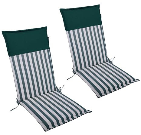 LILENO HOME Gartenstuhl Auflagen als [2er Set - Hochlehner] in Streifen Dunkelgrün - Uni Dunkelgrün - Bequeme Liegen als Sitzauflagen für Gartenmöbel - Stuhlkissen für Gartenstühle Malt