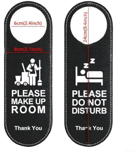 Elegante y práctico colgador de señal de puerta para hotel, bar, cafetería, cuero negro, 24 x 8 cm