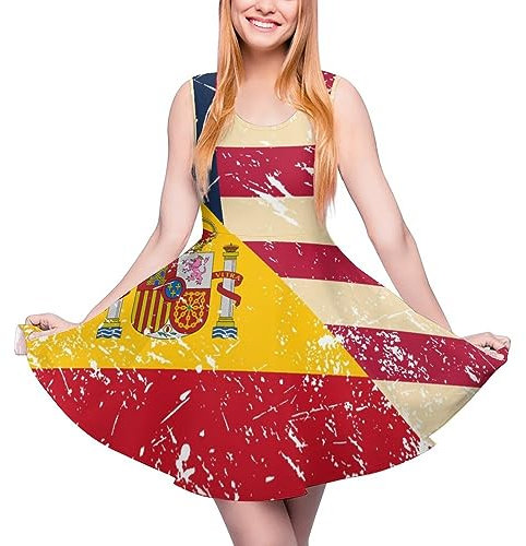 Vestido de verano con bandera retro de Estados Unidos y España para mujer, cintura alta, dobladillo grande, vestido casual de verano, Estilo-9, M