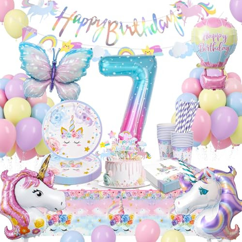Vajilla para Fiesta de Unicornio, Mariposas 7 Años Fiesta Cumpleaños Niñas, Unicornio Vajilla Cumpleaños Decoracion Incluye Platos Taza Servilletas para 7 Años Cumpleaños 16 Invitados