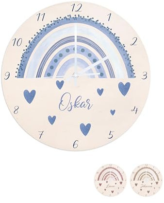 wunderwunsch® - Personalisierte Wanduhr Kinder aus Holz mit Spezial-Druck - Lautloses Uhrwerk mit Aufhängung - Babyzimmer Deko Kinderzimmer (Regenbogen blau)
