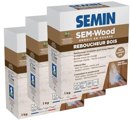 Semin - Reboucheur Bois - Sem Wood - Traitement des Trous et Fissures - Intérieur/extérieur - Finition Bois Foncé - Poudre - Boite de 1 kg (Lot de 3)