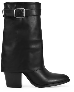 BOSANOVA Stivali con tacco da donna in gambo medio con gonna e dettaglio cintura con fibbia in metallo sulla canna. Suola con punta allungata con tacco largo. Scarpe da donna, Nero , 36 EU