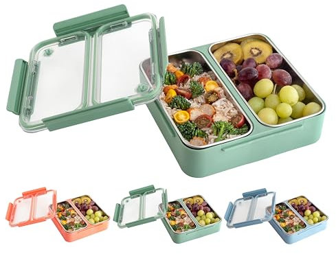 xxonyx Bento Lunch Box 1100ml for Adults and Kids Large Capacity with Two Stainless Steel Compartments Leakproof Lunchbox for Work and School Prepare Meal Container (green)