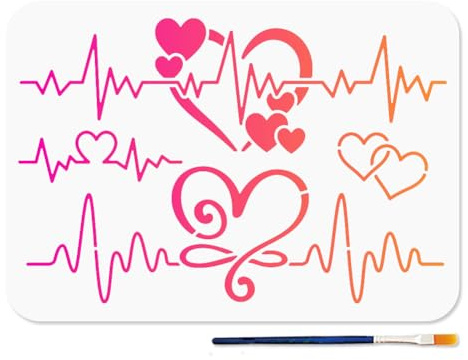 MAYJOYDIY Liebesherz Schablone 29.7 × 21cm Wiederverwendbare Herzschlag Schablonen Zum Basteln Elektrokardiogramm Malvorlage Mit Pinsel Für Den Valentinstag Wand Stoff Und Möbeldekor