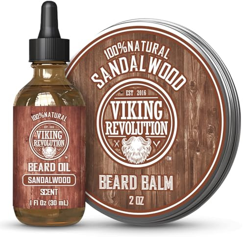 Viking Revolution Sandalwood Beard Balm for Men (2oz) and Sandalwood Beard Oil (1 fl oz) Bundle - With Argan and Jojoba Oils - Soften and Moisturize - Stocking Stuffers for Men