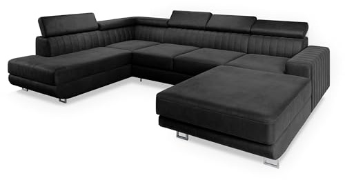 Masseno Ecksofa Siena L-S mit Schlaffunktion U-Form, Sofa mit Bettkasten, Wohnzimmersofa, Couch, Soffa, Bettsofa, Couchgarnitur- Schwarz, Monolith 95