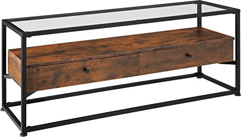 tectake® Lowboard mit 2 Schubladen und Ablagen, 121,5 x 41,5 x 50,5 cm, Fernsehtisch mit Glasplatte, TV-Regal im Industrie-Design, Holz, schwarzes Metallgestell (Industrial Dunkelbraun)