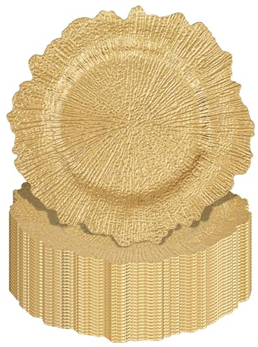 Pesonlook Lot de 24 assiettes rondes dorées pour dîner, 33 cm | Assiettes de table en plastique pour dîner, fête de mariage, événement, décoration de table