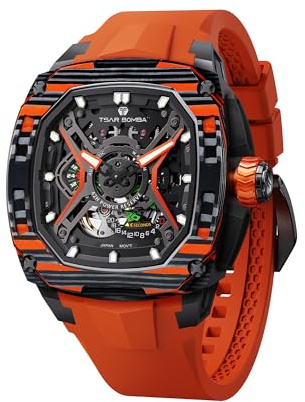 TSAR BOMBA Luxus Mechanische Uhren für Männer mit Carbon Fiber Gehäuse Herren Armbanduhr Leuchtend 5ATM Wasserdicht Herrenuhr mit Fluorkautschuk Armband Große Geschenke für Männer