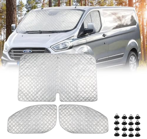 Eysbiy Frontscheibenabdeckung Ford Transit Custom 2012-2025, 3-teilig | Thermorollo Set mit Anti-UV, Verdunkelung & Wärmeisolierung. Thermomatten für Fahrerhaus, Windschutzscheibe & Seitenscheiben
