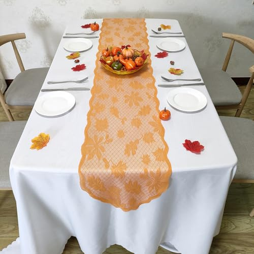 Gleemix Ahornblatt Spitze Herbstdeko Tischläufer, Erntedankfest Orange Spitzetischläufer, 33x183cm Ahornblätter Tischläufer Herbst, Tischdeko Herbst, Für Thanksgiving Weihnachten Küche Tisch Partydeko