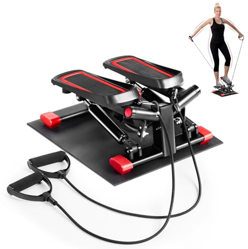 LEADZM Mini Stepper avec Coussinet Silencieux, Stepper de Fitness 2 en 1 avec Bandes de Résistance, Écran LCD, Compteur de Calories, pour L'entraînement des Jambes et des Bras Fessiers, Noir et Rouge