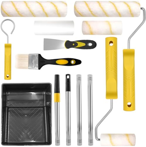 12Pcs Accesorios Rodillo de Pintura Pared con 5 Rodillos, Set Kit Soportes Pintar Antigoteo Paredes Completo, Bandeja Cubeta Pintura Reutilizable Pequeño con Barra Telescópica, Recipientes Brochas
