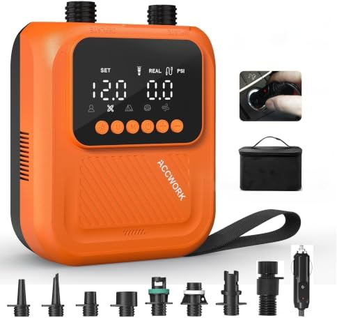 Accwork Electric SUP Pump 20PSI, Paddle Board Pump with 5 Modes, Dual-Stage Inflation and Deflation, Auto-Off, 7 Nozzles for Kayaks, Inflatable Tents, Air Mattress