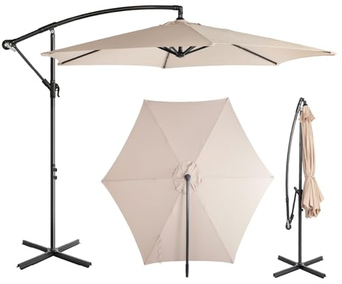 LEADZM Sombrilla de 300 cm de diámetro, sombrilla con manivela y giratoria 360° con 6 costillas, resistente al agua y protección UV, sombrilla de jardín con soporte para jardín, terraza y exterior