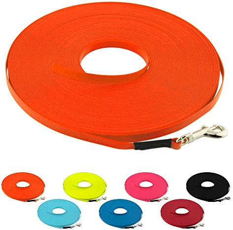 LENNIE Ultraleichte BioThane Schleppleine für Hunde bis 5kg, 20m lang, ohne Handschlaufe, Neon-Orange, genäht, 9 mm
