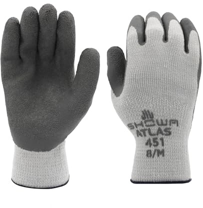 SHOWA Atlas 451M-08 Palm Coating Natural Rubber Glove, 10-Gauge Insulated Seamless Knitted Liner, General Purpose Work, Medium (Pack of 12 Pairs)