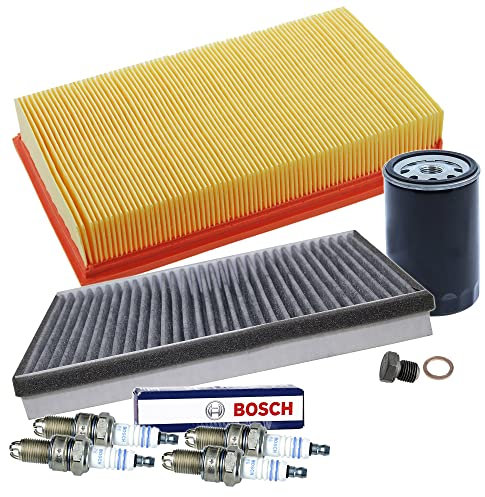 Inspektionspaket SET C 1x Ölfilter 1x Luftfilter 1x Innenraumfilter (Pollenfilter) mit Aktivkohle 4x Zündkerze BOSCH Super Plus WR7LTC+ 1x Ölablass-Schraube 1x Dichtring für Ölablass-Schraube