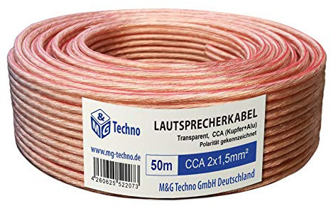 M&G Techno 50m Lautsprecherkabel (Single-Wire) 2 x 1,5mm² CCA (Kupfer+Alu) rund Transparent, mit Metermarkierung