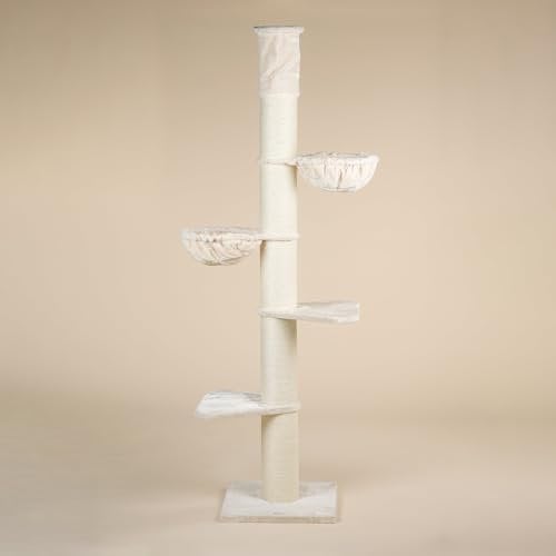 RHRQuality Cat Tree for Large Cats - Maine Coon Tower Plus – 235 to 255 cm High – With Extra Thick 20 cm Sisal Posts – Cream