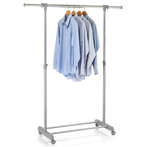 IDIMEX Portant à vêtements Sala en métal chromé et Gris, penderie Simple sur roulettes vestiaire Mobile avec 1 Barre Extensible Hauteur réglable