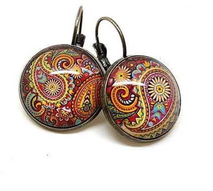 Boucles d'Oreilles Dormeuses cabochon verre Motif Cachemire Rouge et Jaune
