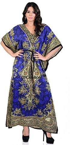 Art Of Creation Women Kaftan Dress Tunic Long Maxi Plus Size, Warm Blue, L