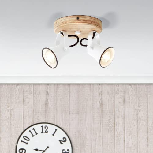 Lightbox 2 flammiger Deckenstrahler - dekoratives Spotrondell im Landhaus Design - Köpfe sind schwenkbar - Metall/Holz aus kanadischer Schwarz-Pappel in Weiß/Braun