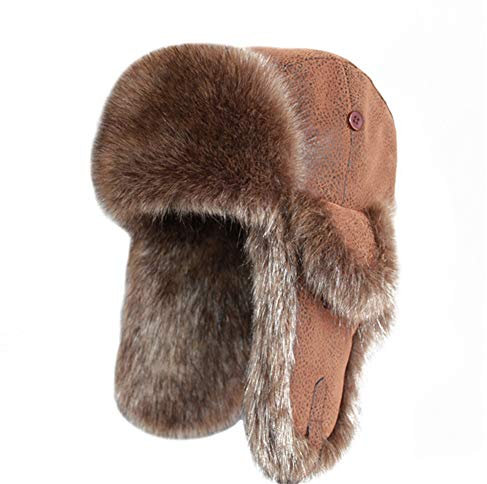 SK Studio Wintermütze mit Ohrenklappen, Warme Baumwolle Trappermütze Hut Unisex Fliegermütze Fellmütze Erwachsenen für Herren Braunes Leder L
