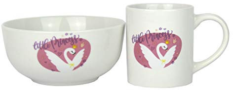 Arte Regal Porzellan Kindergeschirr Frühstücksgeschirr Müsliset Cornflakesset 2-teilig Schüssel und Tasse Schwan