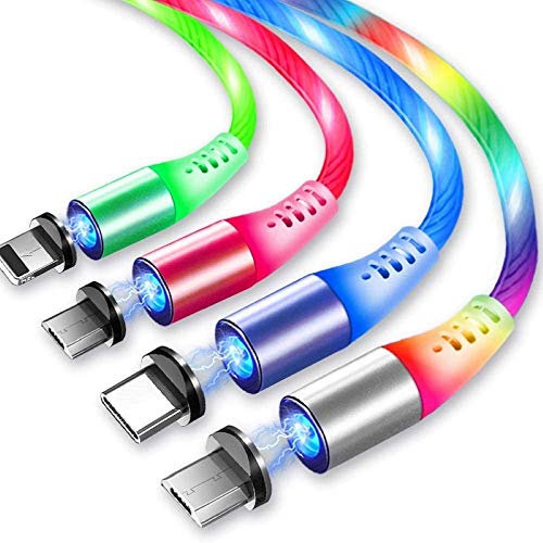 JJA Bros Lot de 4 câbles de charge magnétiques 3 en 1 Micro USB Type C I/connecteur Chargeur rapide Fabriqué avec LED Lumineux et tube en silicone