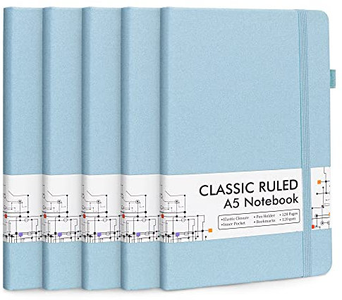 feela Notizbuch A5 liniert Hardcover, 5 Notizbücher Set, Journal Buch mit 3 Gelstifte schwarz, 120 GSM, 13x21cm, Notizblock Set geeignet für Büro, Schule, für Kinder und Erwachsene, Din A5, Hellblau